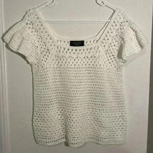 WYSE London White Open Crochet Short Sleeve Square Neck Blouse Top Size Small